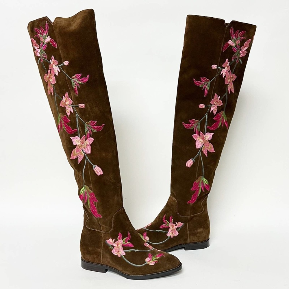Ash Jess Over The Knee Boots Tall Embroidered Brown Suede Zip Size 37 $498